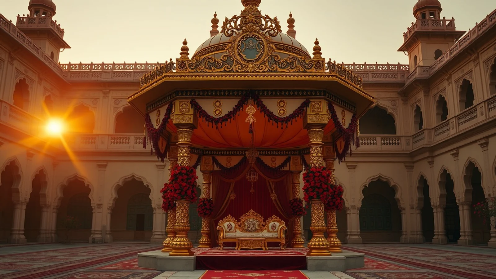 Grand royal Gujarati wedding mandap in a Vadodara heritage palace courtyard at golden hour