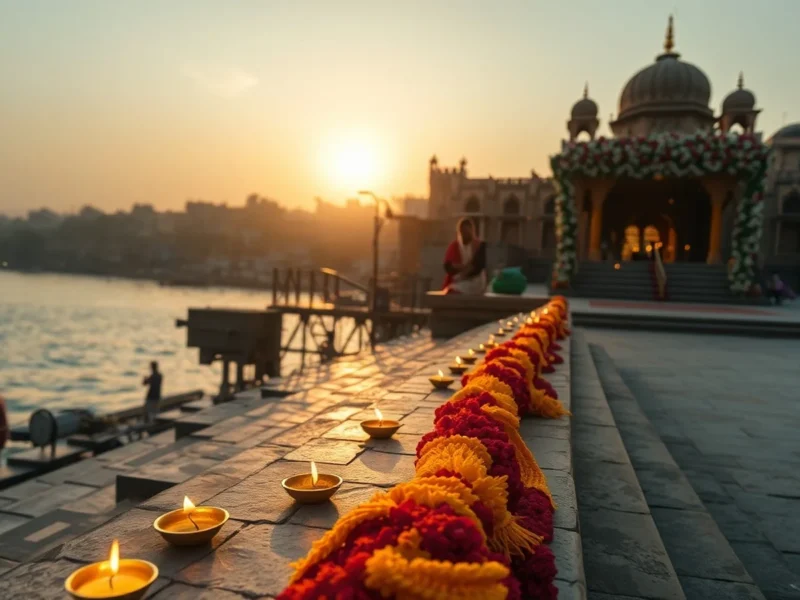 A riverfront wedding setup on the Varanasi ghats with brass diyas at golden hour