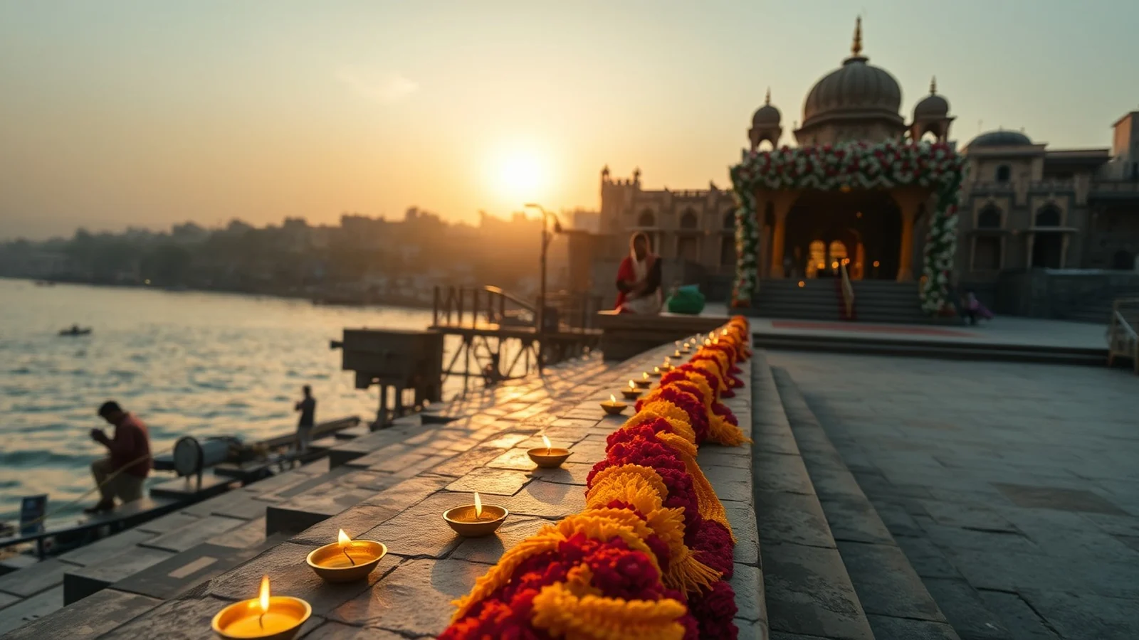 A riverfront wedding setup on the Varanasi ghats with brass diyas at golden hour
