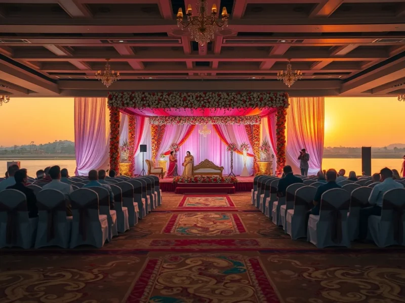 A grand Telugu wedding stage at a Vijayawada riverside convention hall at golden hour