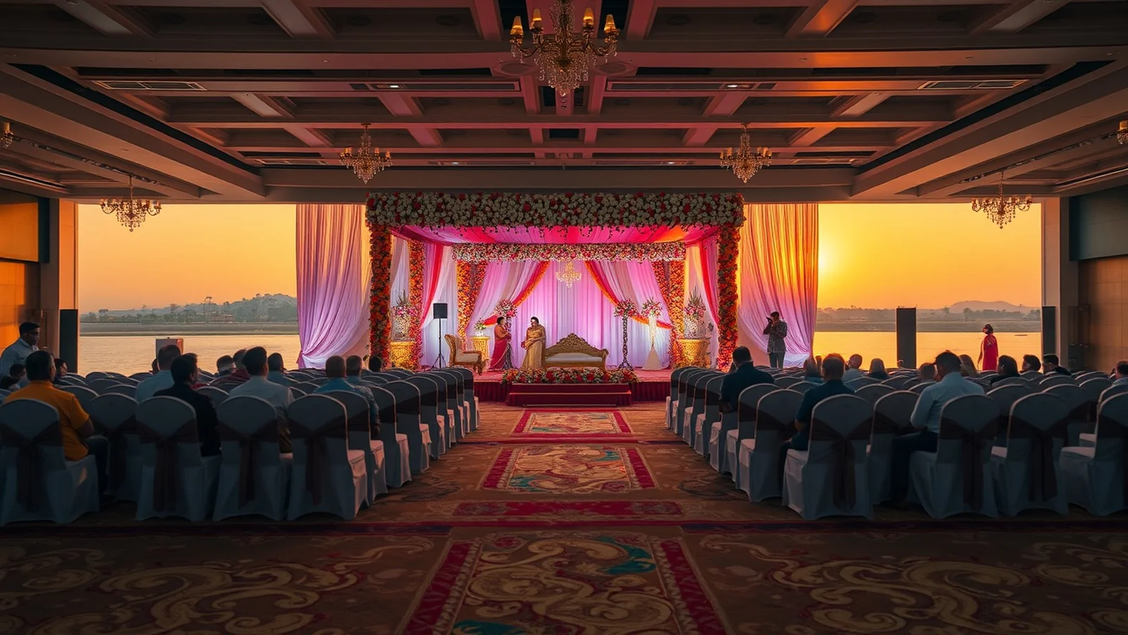 A grand Telugu wedding stage at a Vijayawada riverside convention hall at golden hour