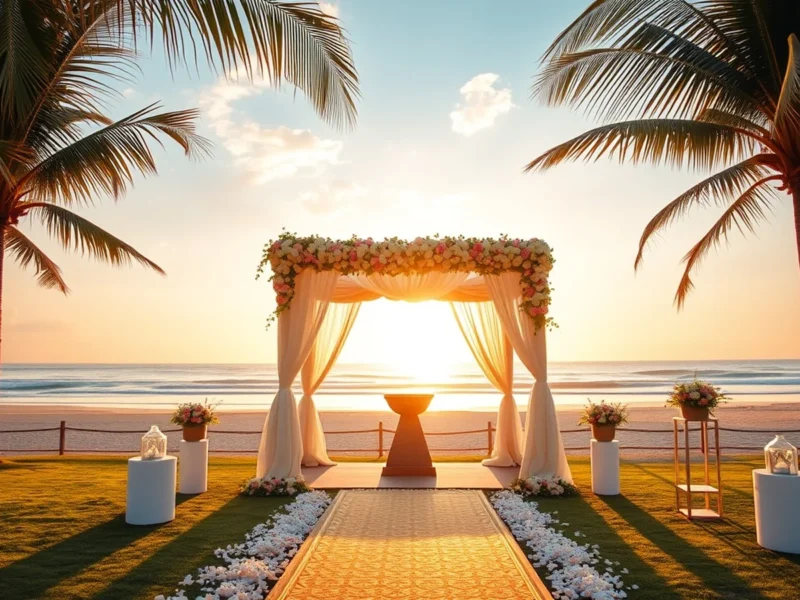 Beachfront wedding mandap on a sea-view lawn in Visakhapatnam with the Bay of Bengal shoreline behind it