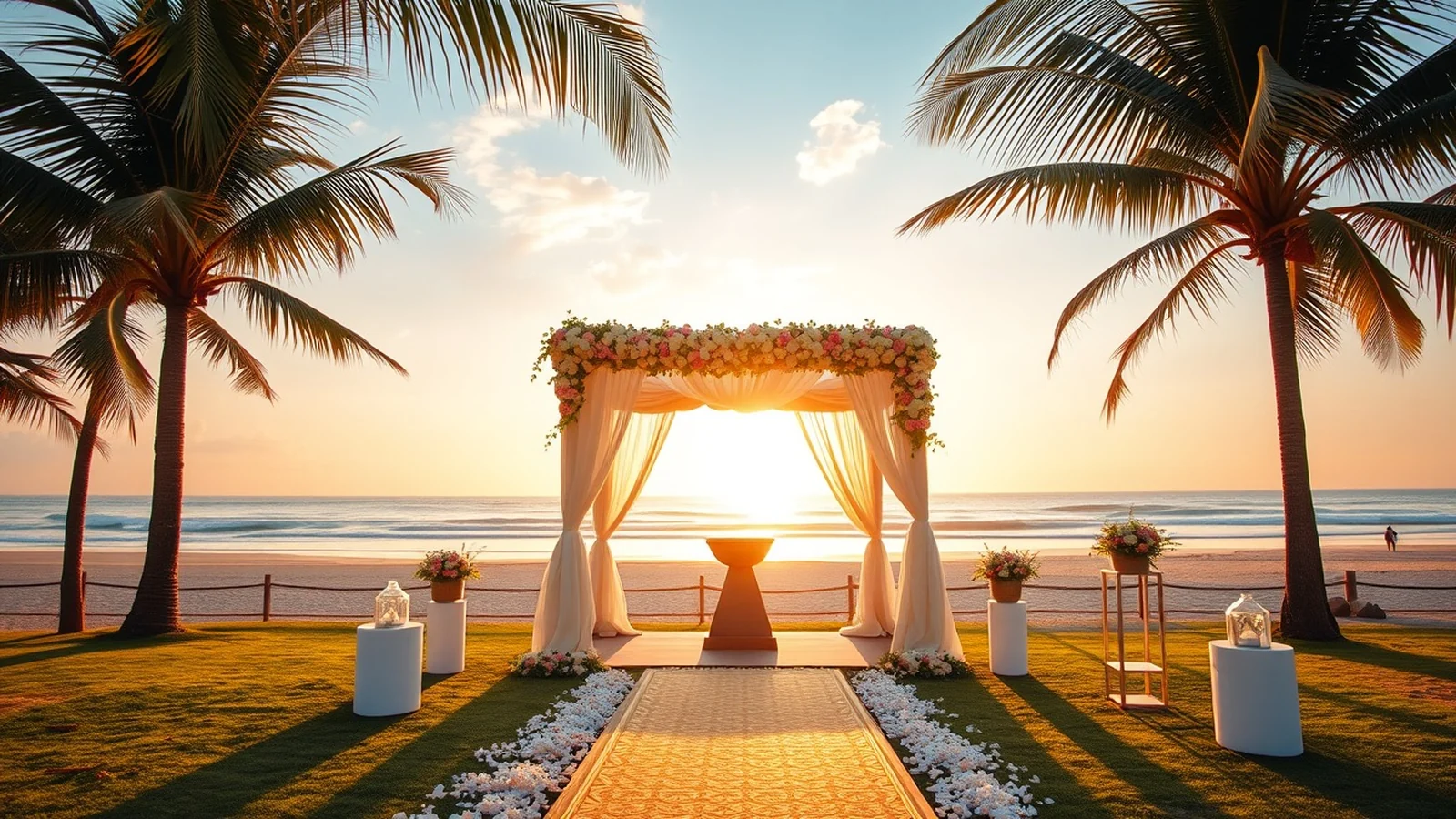 Beachfront wedding mandap on a sea-view lawn in Visakhapatnam with the Bay of Bengal shoreline behind it