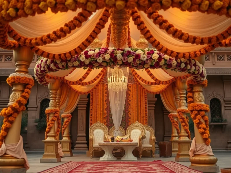 A serene spiritual wedding mandap at a Vrindavan temple-resort at golden hour