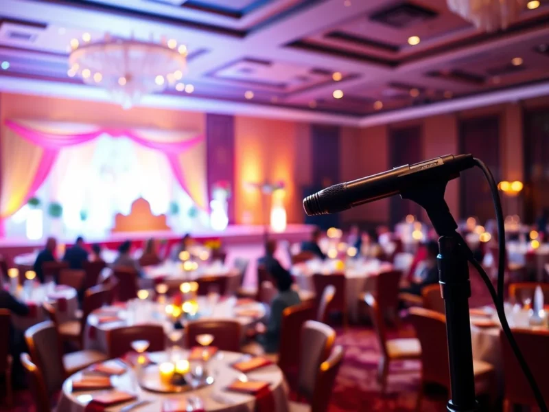An elegant Indian wedding reception stage with a microphone stand ready for the anchor to host the evening