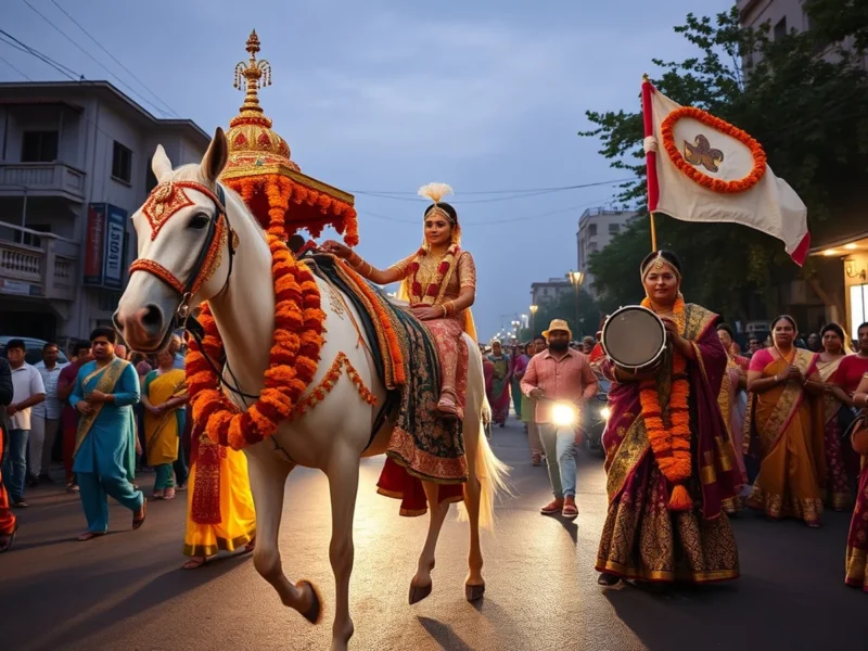 A festive Indian wedding baraat procession at dusk with a decorated mare, brass band and dhol drums