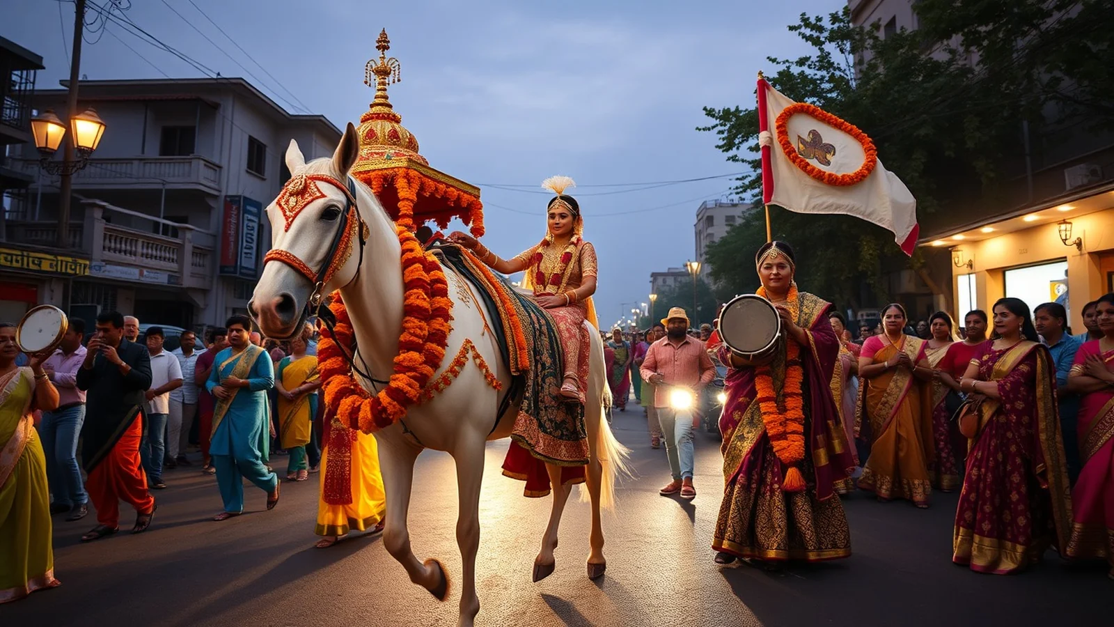 A festive Indian wedding baraat procession at dusk with a decorated mare, brass band and dhol drums