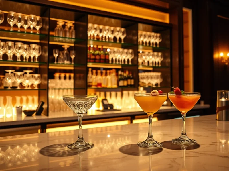 An elegant luxury wedding cocktail bar with crystal glassware and signature cocktails on a marble counter