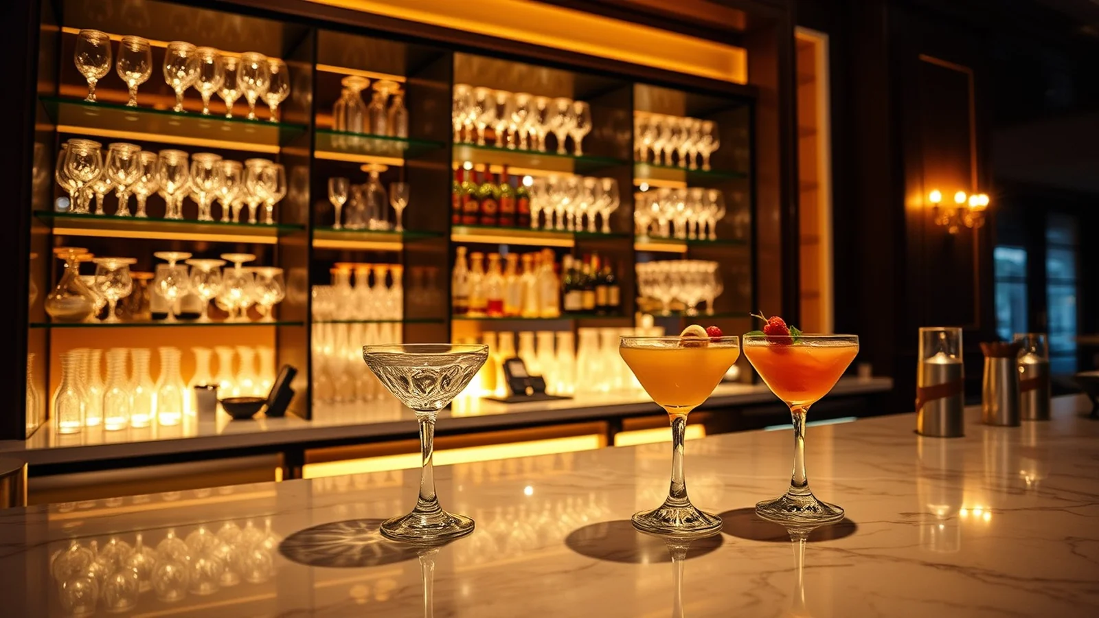 An elegant luxury wedding cocktail bar with crystal glassware and signature cocktails on a marble counter
