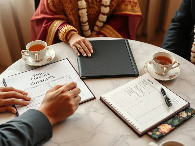 An Indian wedding planning consultation table with a venue contract folder and calendar