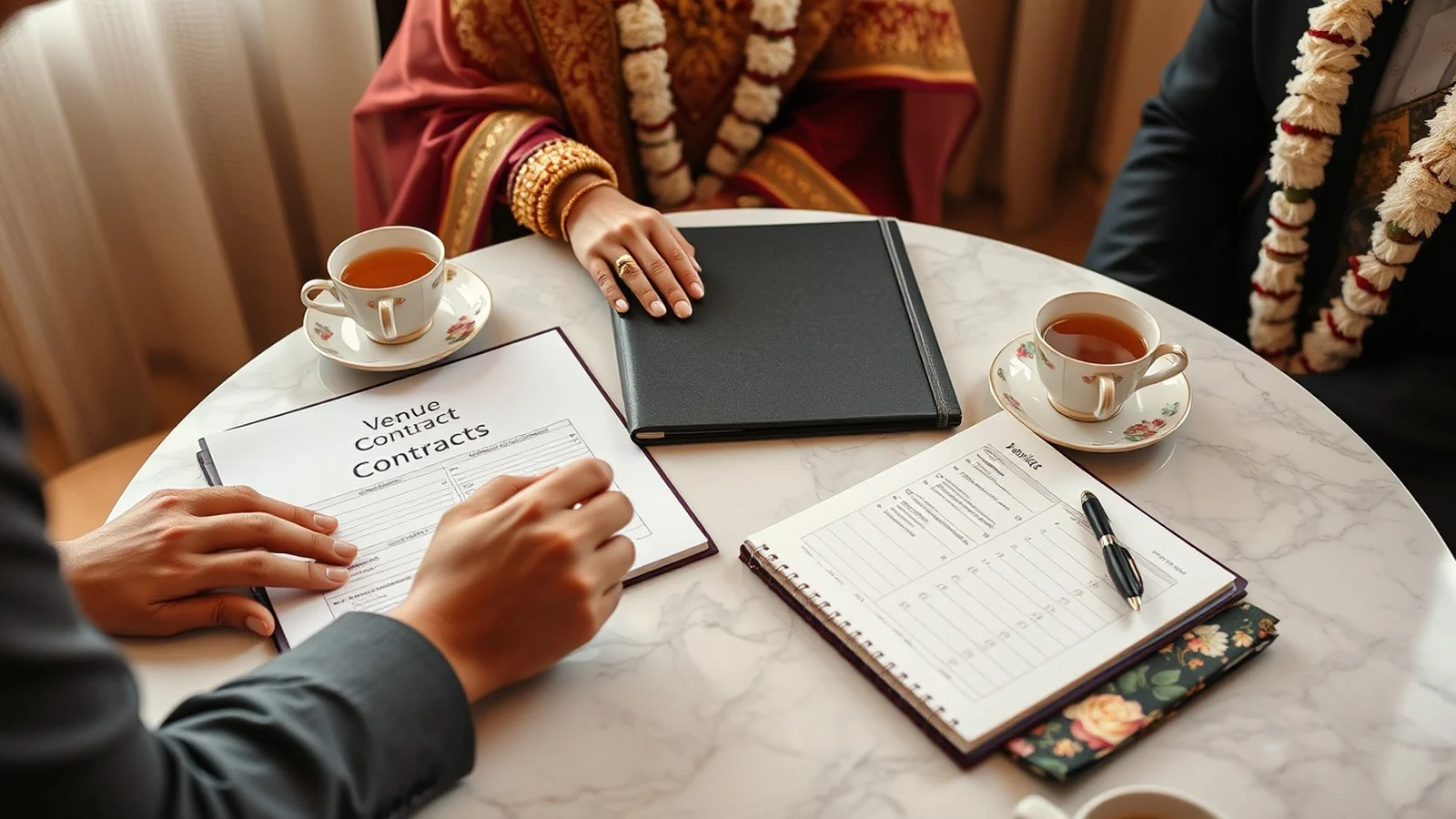 An Indian wedding planning consultation table with a venue contract folder and calendar