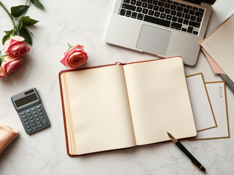 An elegant wedding planning flat lay with a notebook, calculator, laptop, flowers and invitation cards