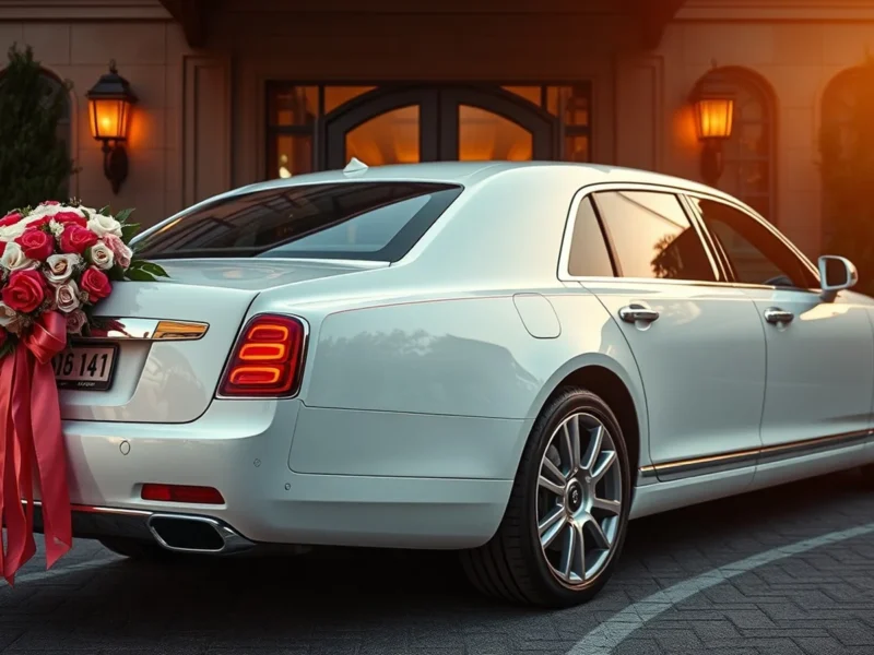 Luxury wedding getaway car decorated with fresh roses, marigold florals and ribbon at an ornate venue entrance