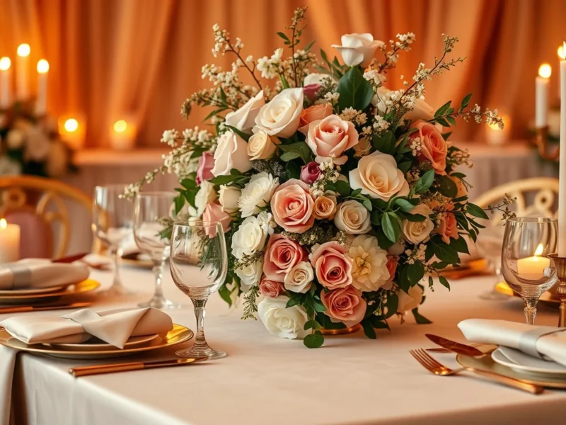 Elegant Indian wedding tablescape in a blush, ivory and gold colour palette with candlelight