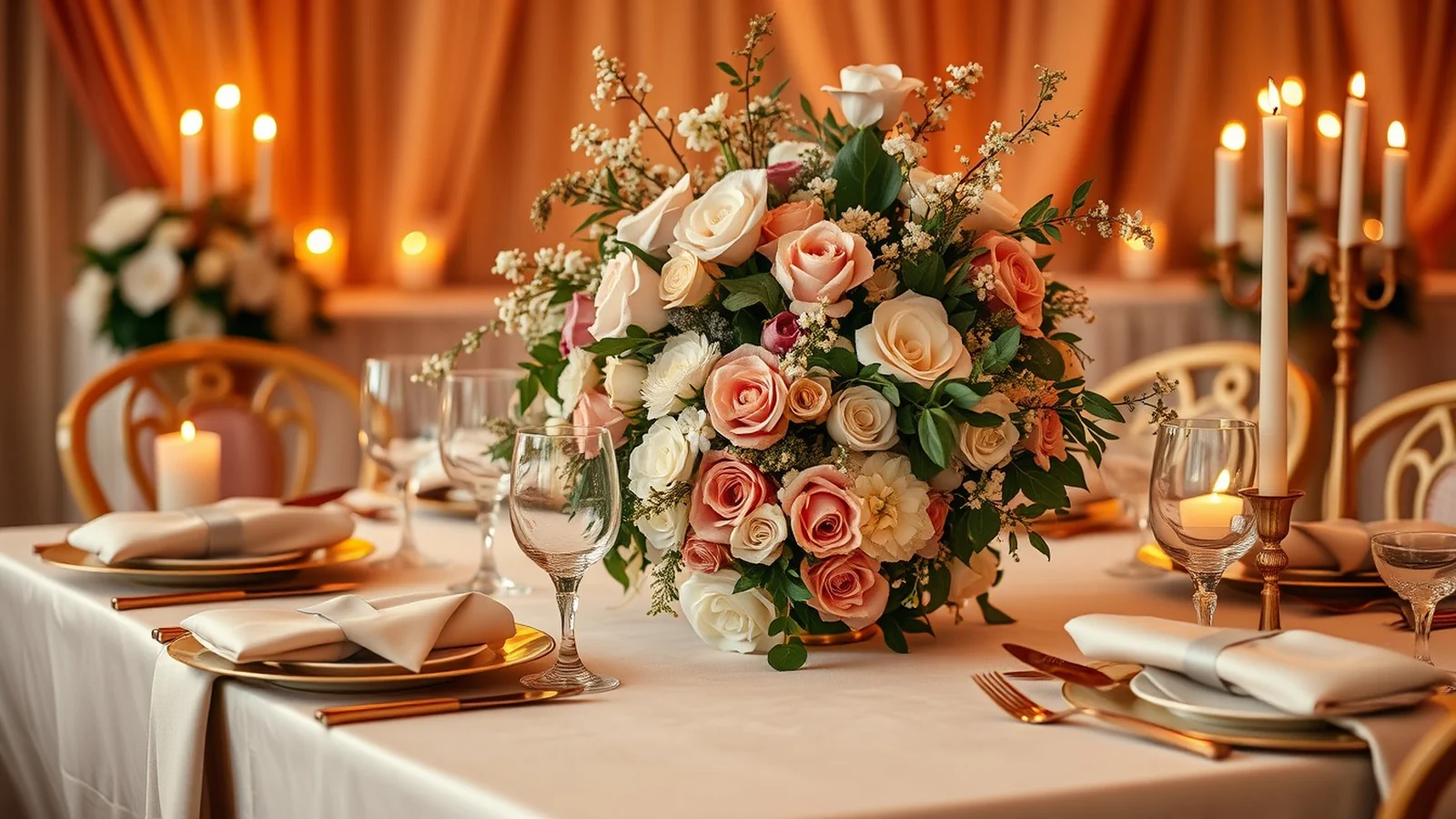 Elegant Indian wedding tablescape in a blush, ivory and gold colour palette with candlelight