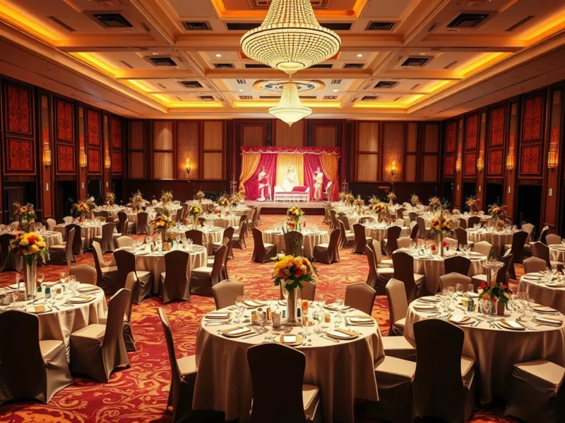 A grand banquet hall set for a large Indian wedding reception with many round tables and floral centerpieces