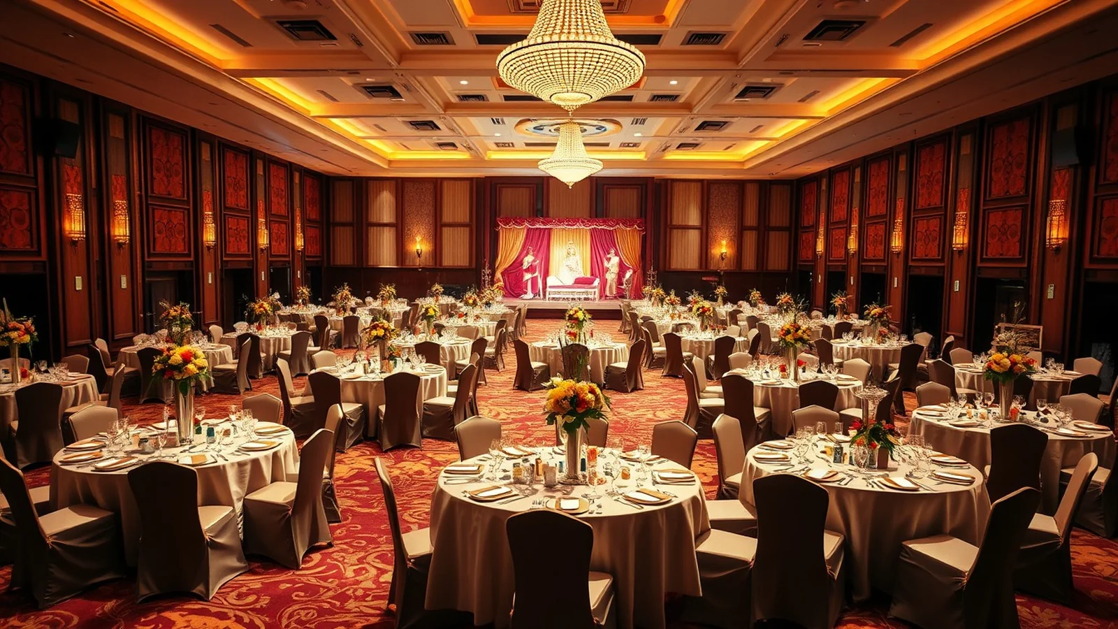 A grand banquet hall set for a large Indian wedding reception with many round tables and floral centerpieces