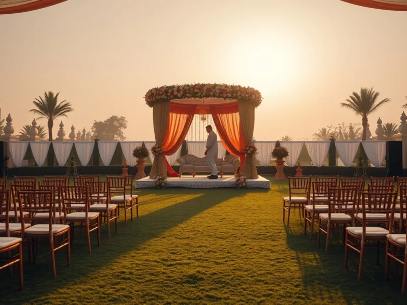 An Indian wedding venue being set up at dawn with a floral mandap and rows of chairs
