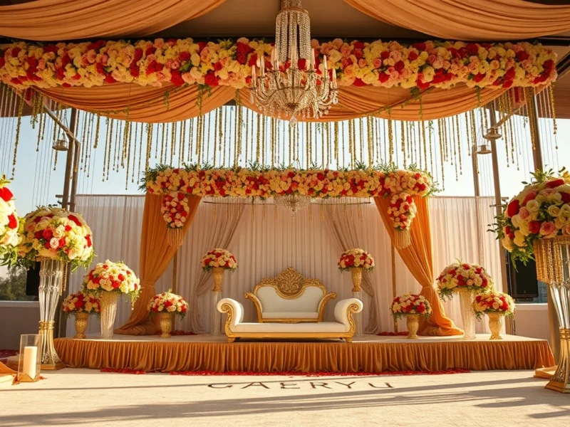 A lavishly decorated Indian wedding stage and mandap with fresh floral installations ready for the ceremony