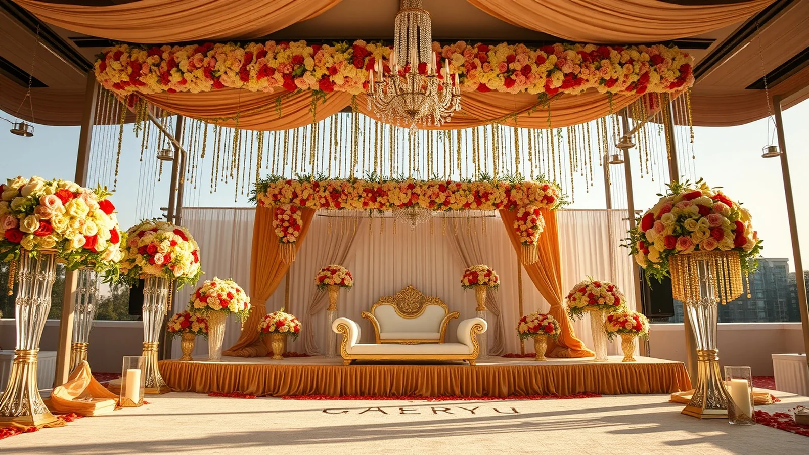 A lavishly decorated Indian wedding stage and mandap with fresh floral installations ready for the ceremony