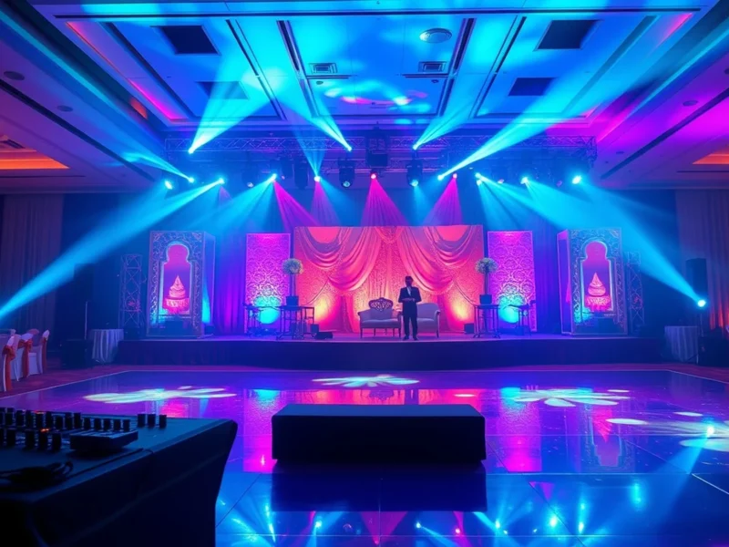 An elegant Indian sangeet stage with a DJ console, dance floor and dynamic stage lighting
