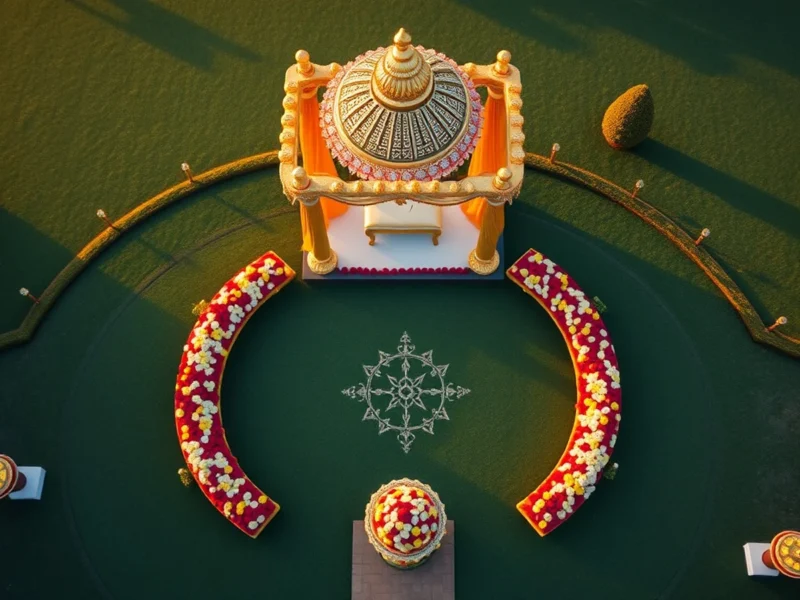 An aerial drone view of a decorated Indian wedding mandap and floral layout from above