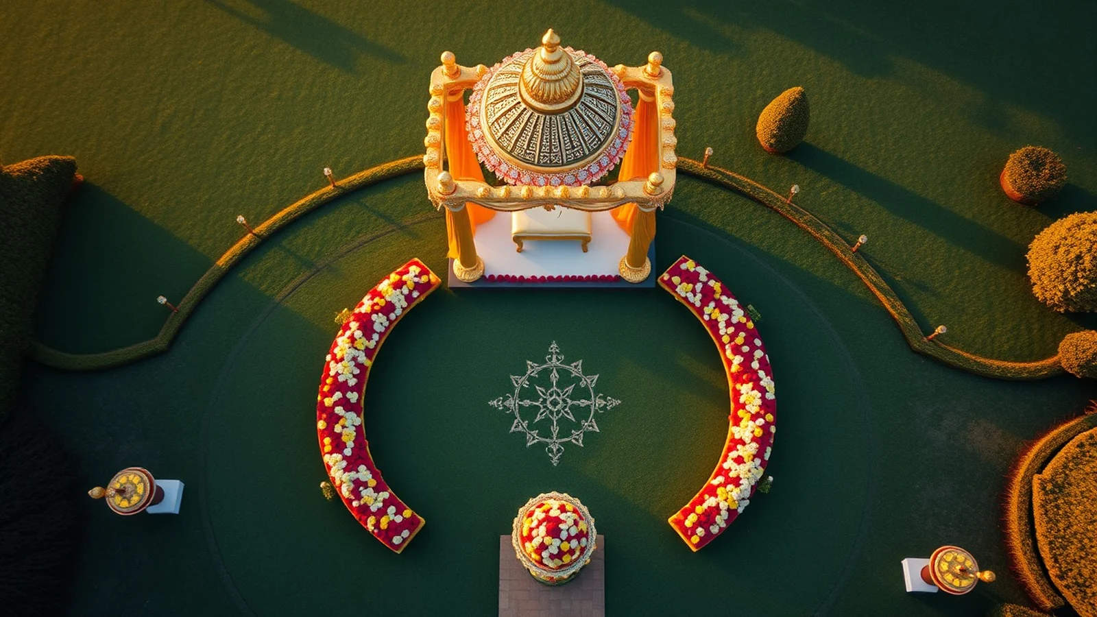 An aerial drone view of a decorated Indian wedding mandap and floral layout from above