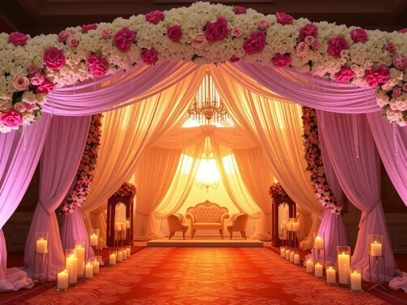 Grand luxury Indian wedding entrance archway of white and pink florals with a candle-lined welcome walkway