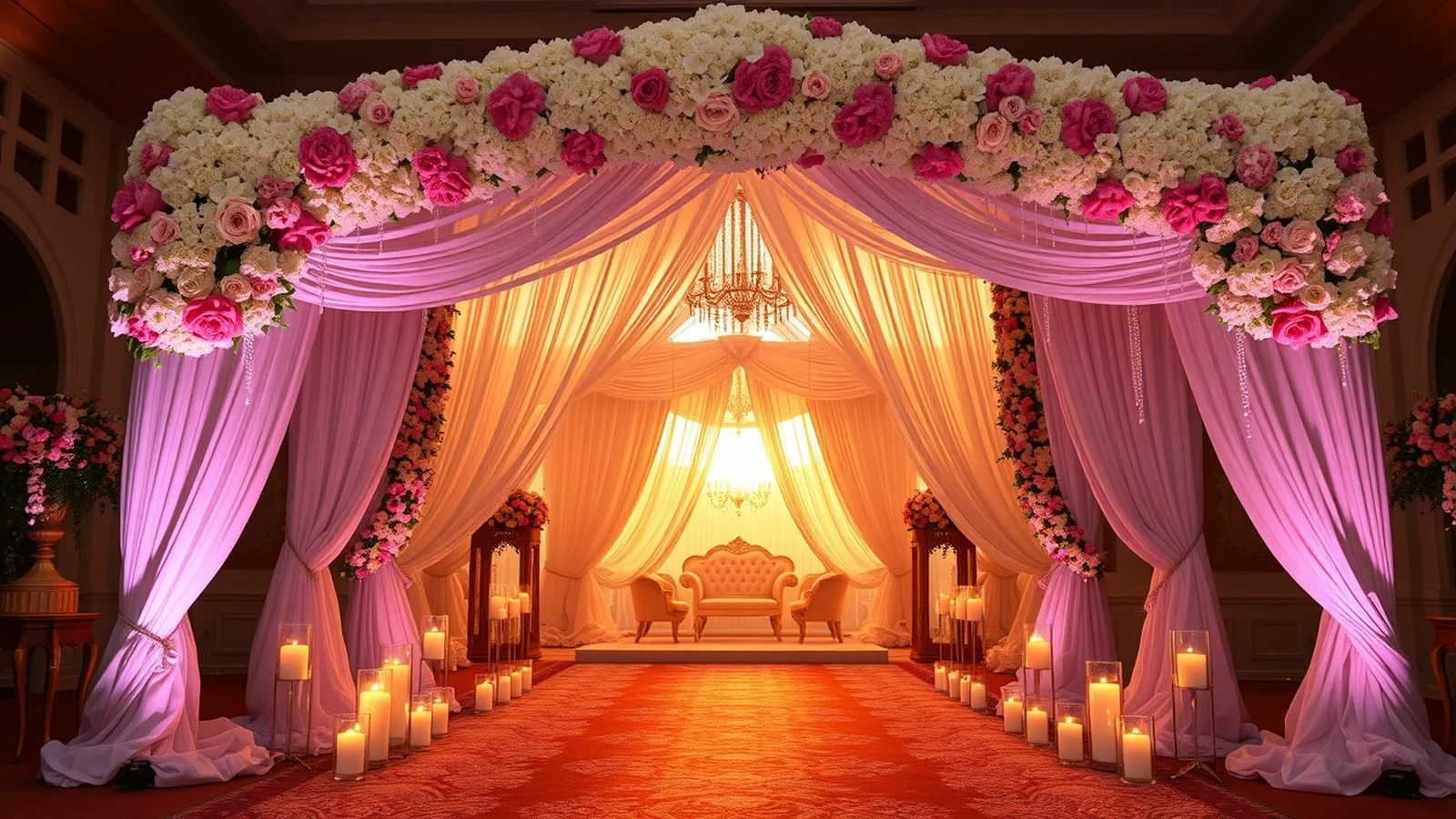 Grand luxury Indian wedding entrance archway of white and pink florals with a candle-lined welcome walkway