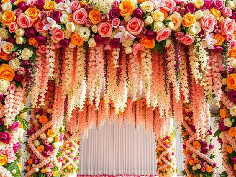 A lavish fresh flower installation of roses orchids and marigold on an Indian wedding entrance arch