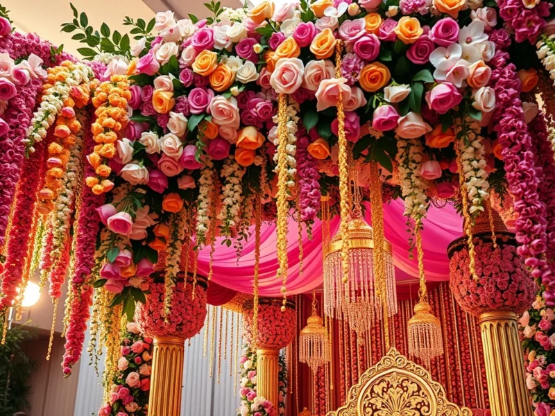 Lush Indian wedding floral installation with cascading roses, marigolds and orchids on an ornate mandap