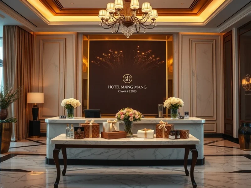 A luxury hotel wedding hospitality desk with welcome hampers and gift boxes arranged for arriving guests