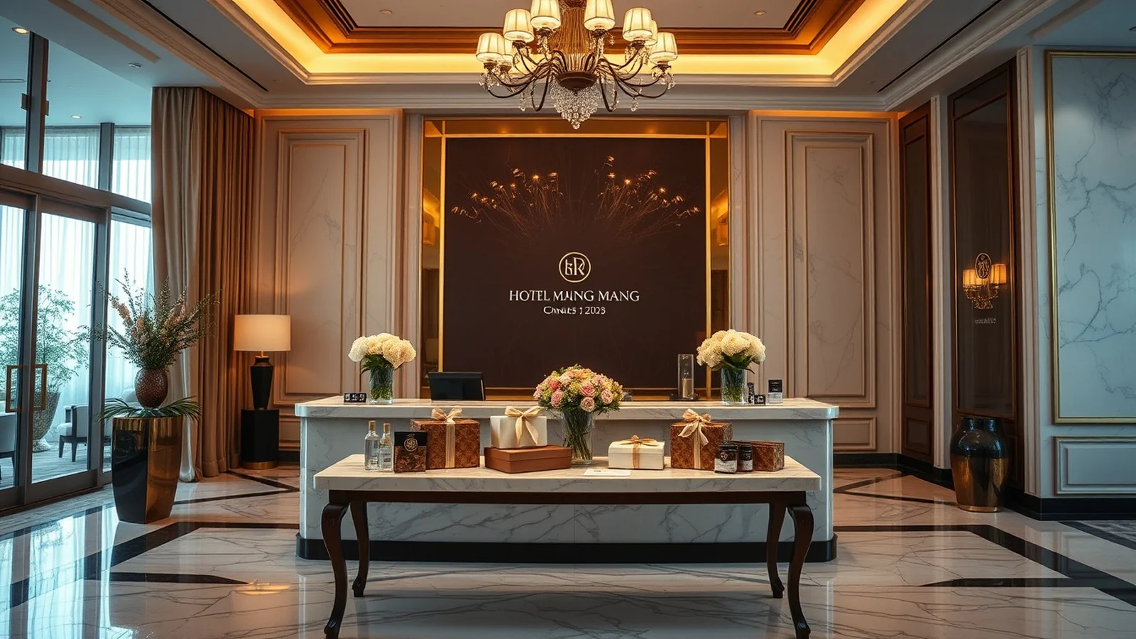 A luxury hotel wedding hospitality desk with welcome hampers and gift boxes arranged for arriving guests