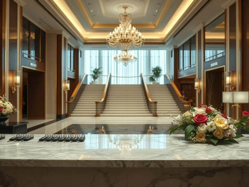 A luxury hotel reception desk prepared for a wedding party with room keys and flowers