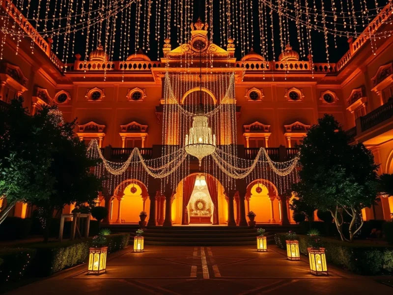 A luxury Indian wedding venue glowing at night with warm uplighting on an illuminated palace facade