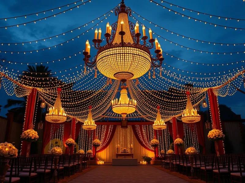 Elegant evening Indian wedding venue glowing with warm fairy lights, festoon bulbs and grand chandeliers