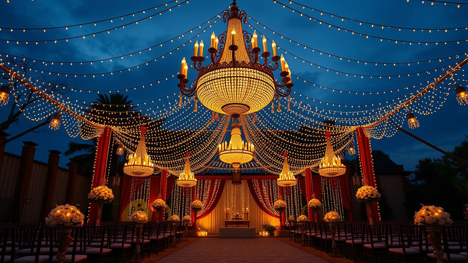 Elegant evening Indian wedding venue glowing with warm fairy lights, festoon bulbs and grand chandeliers