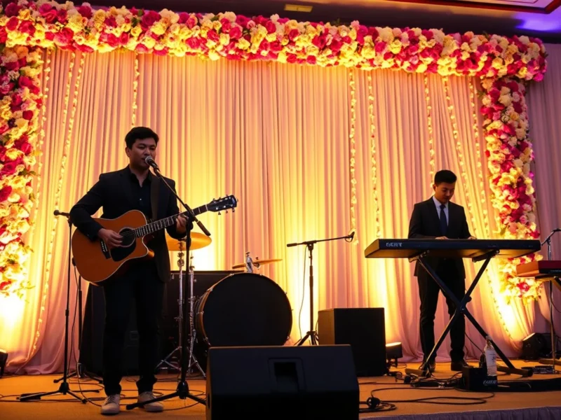 A live wedding band performing on a decorated stage at an Indian evening reception