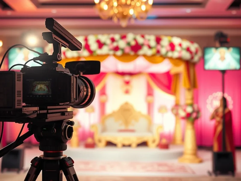 A professional camera on a tripod filming a decorated floral mandap at an Indian wedding