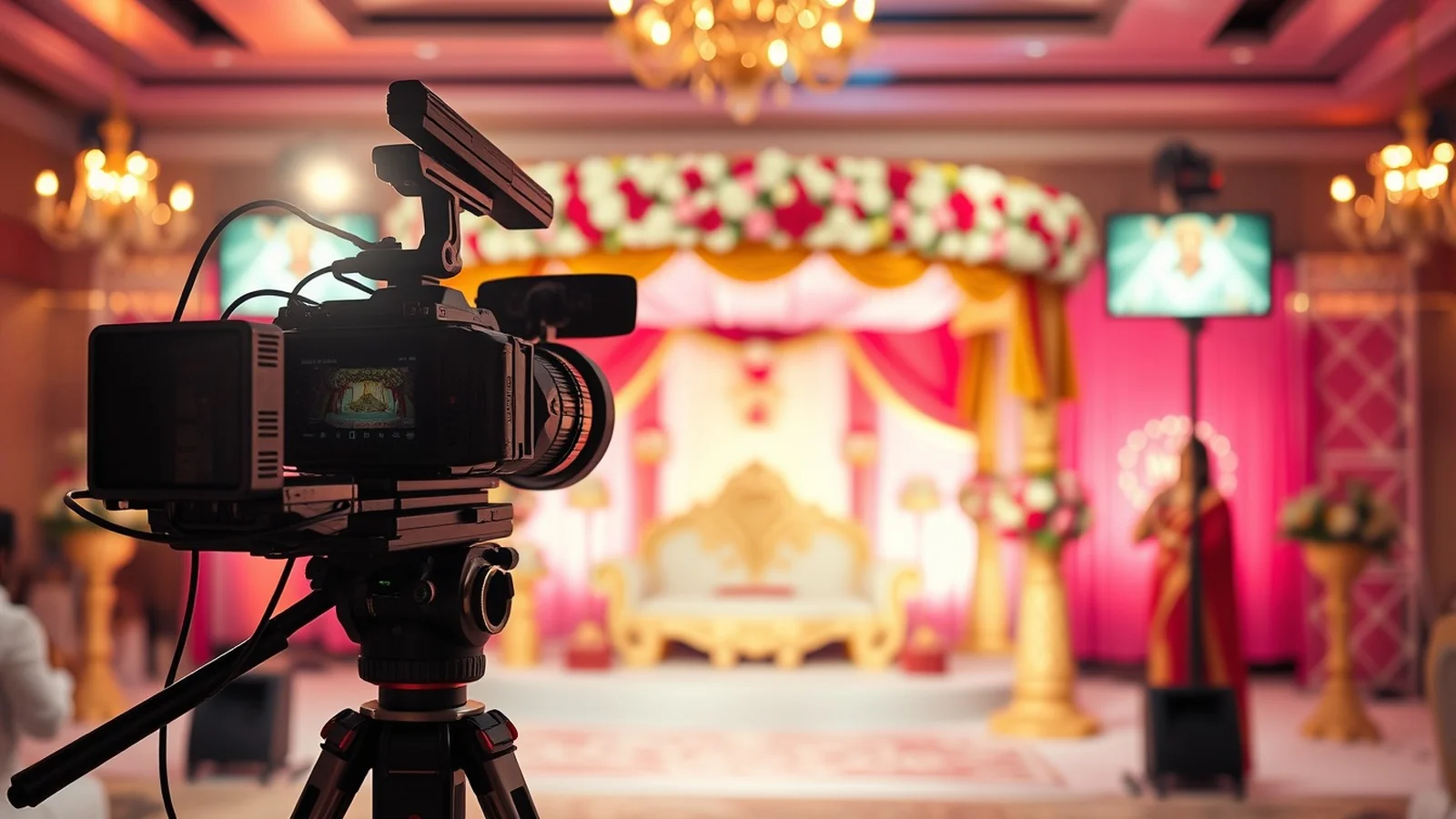 A professional camera on a tripod filming a decorated floral mandap at an Indian wedding