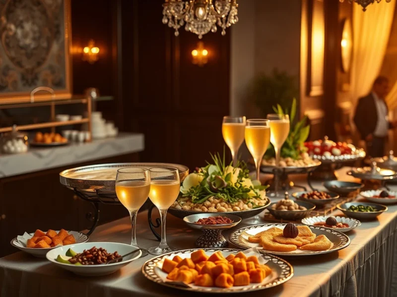 Elegant luxury Indian wedding food display with styled live counters, a grazing table, mocktails and mithai