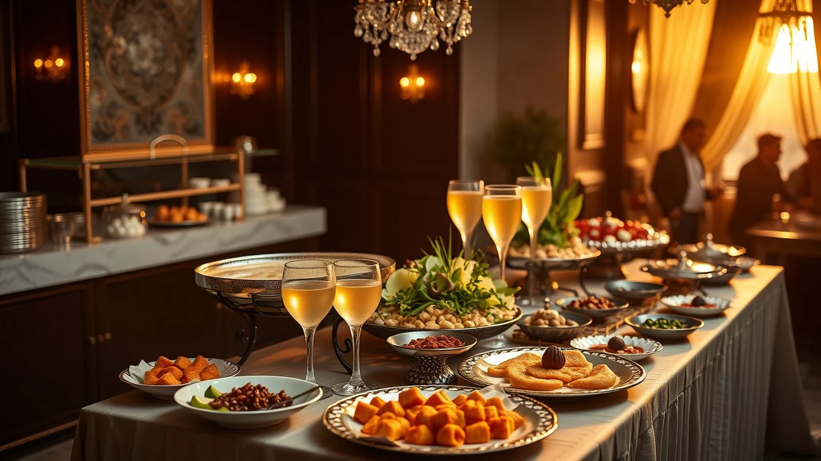 Elegant luxury Indian wedding food display with styled live counters, a grazing table, mocktails and mithai