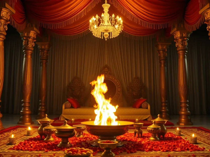 A serene Hindu wedding mandap with a sacred fire in a brass havan kund and arranged puja items