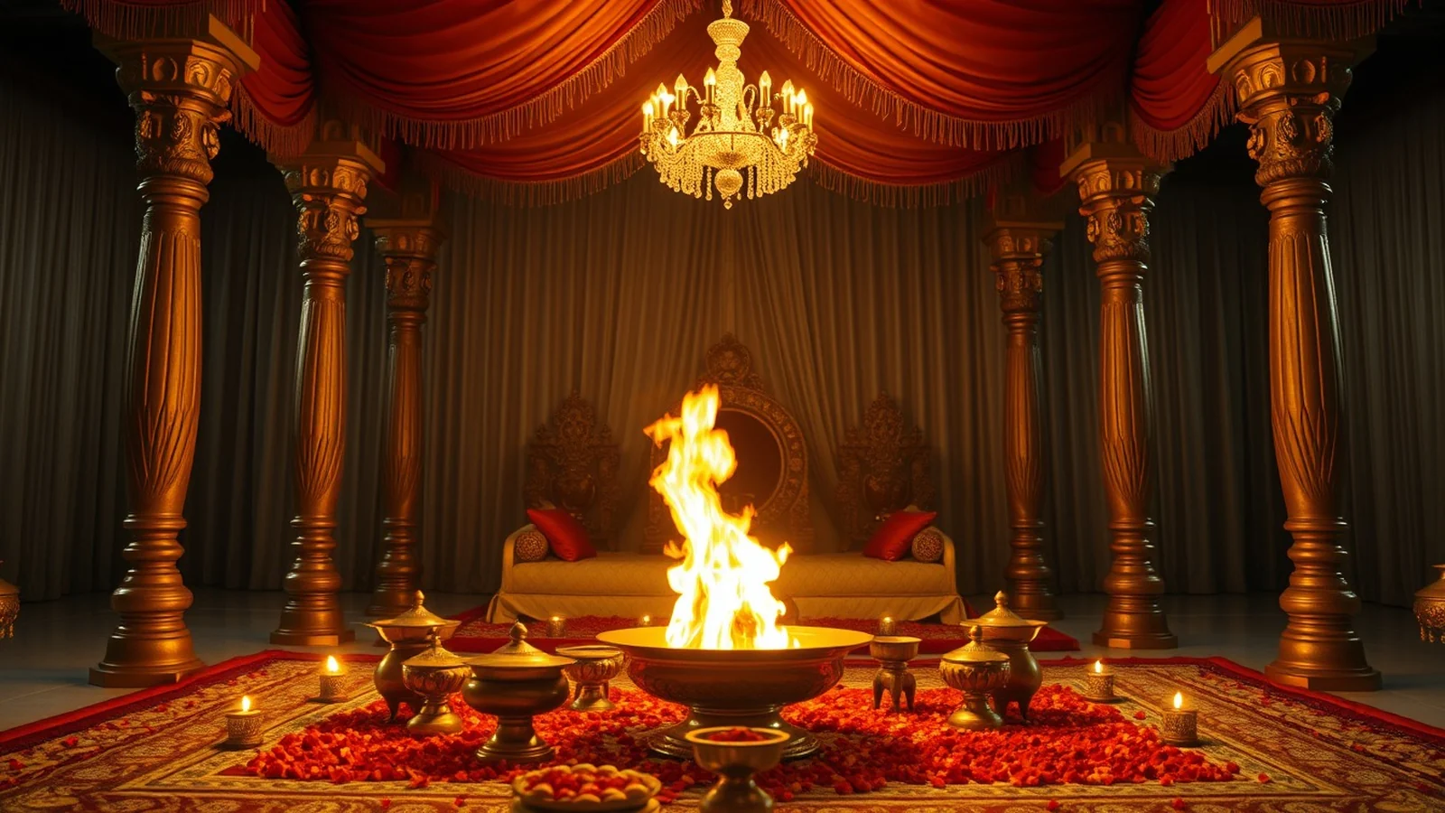A serene Hindu wedding mandap with a sacred fire in a brass havan kund and arranged puja items