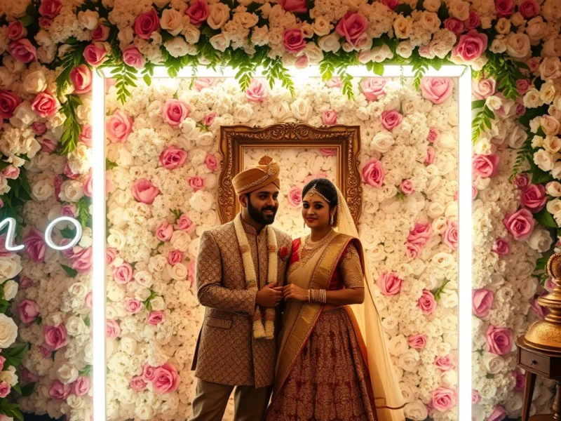Stylish Indian wedding photo booth corner with a lush floral backdrop wall, soft neon glow and vintage props