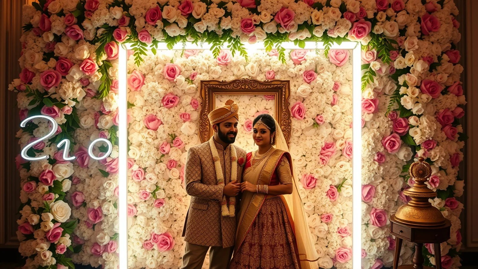 Stylish Indian wedding photo booth corner with a lush floral backdrop wall, soft neon glow and vintage props