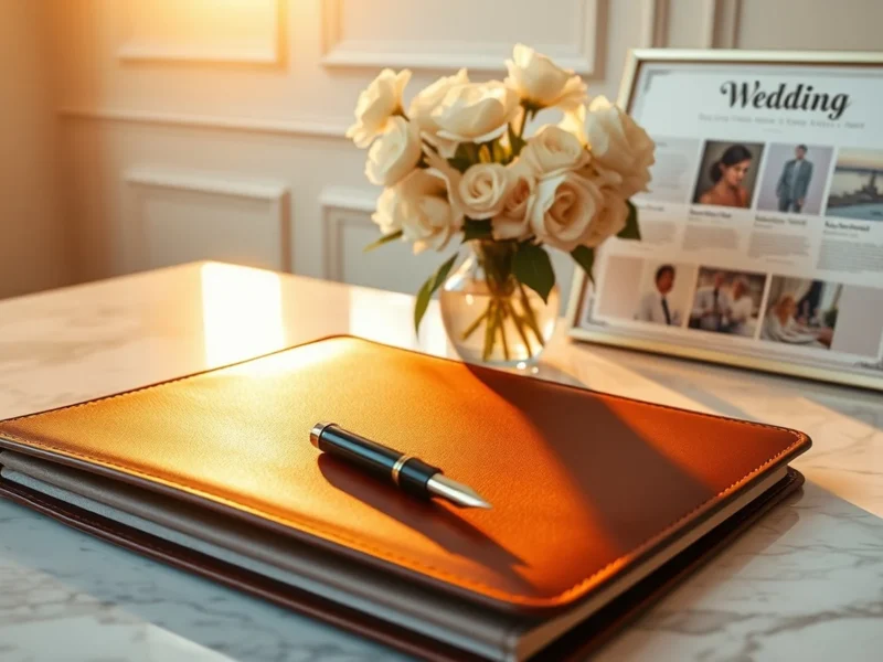 An elegant desk with a leather folder, pen and wedding mood board, representing a planner contract