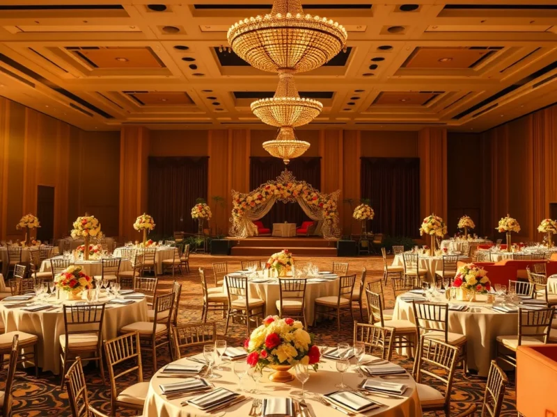 Elegant Indian wedding reception with round dining tables, floral centerpieces and lounge seating in a grand hall