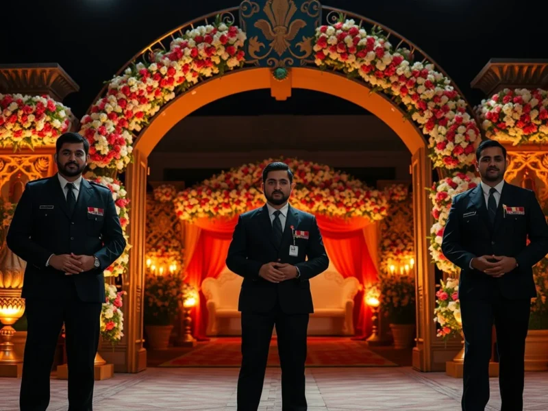 Event security personnel at the entrance of a luxury Indian wedding venue at night