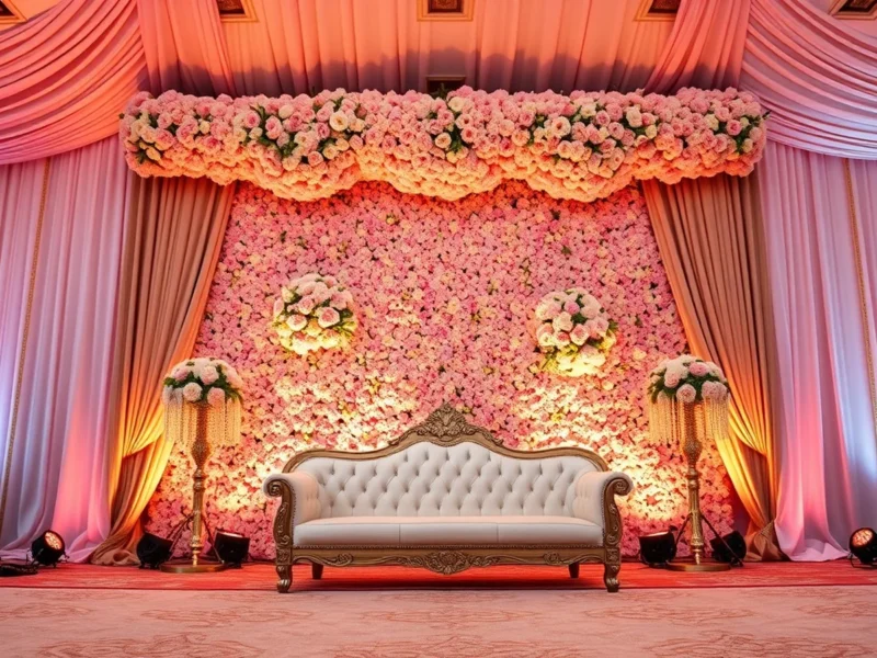 Luxurious wedding reception stage with a grand blush and gold floral backdrop wall at golden hour